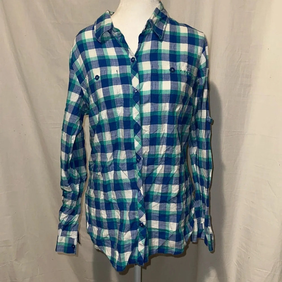women's large blue green white plaid Columbia PFG button up long sleeve shirt - Picture 1 of 4